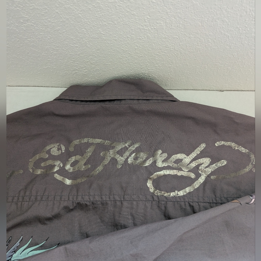 Vtg Ed Hardy Christian Audigier Floral Skull Kiss Of Death Men’s XL Grey - Picture 12 of 16